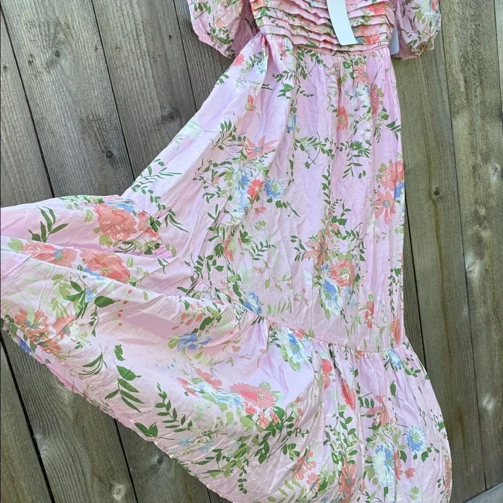 By The River Floral Pink Puff Midi Sleeve Dress - Picture 7 of 15